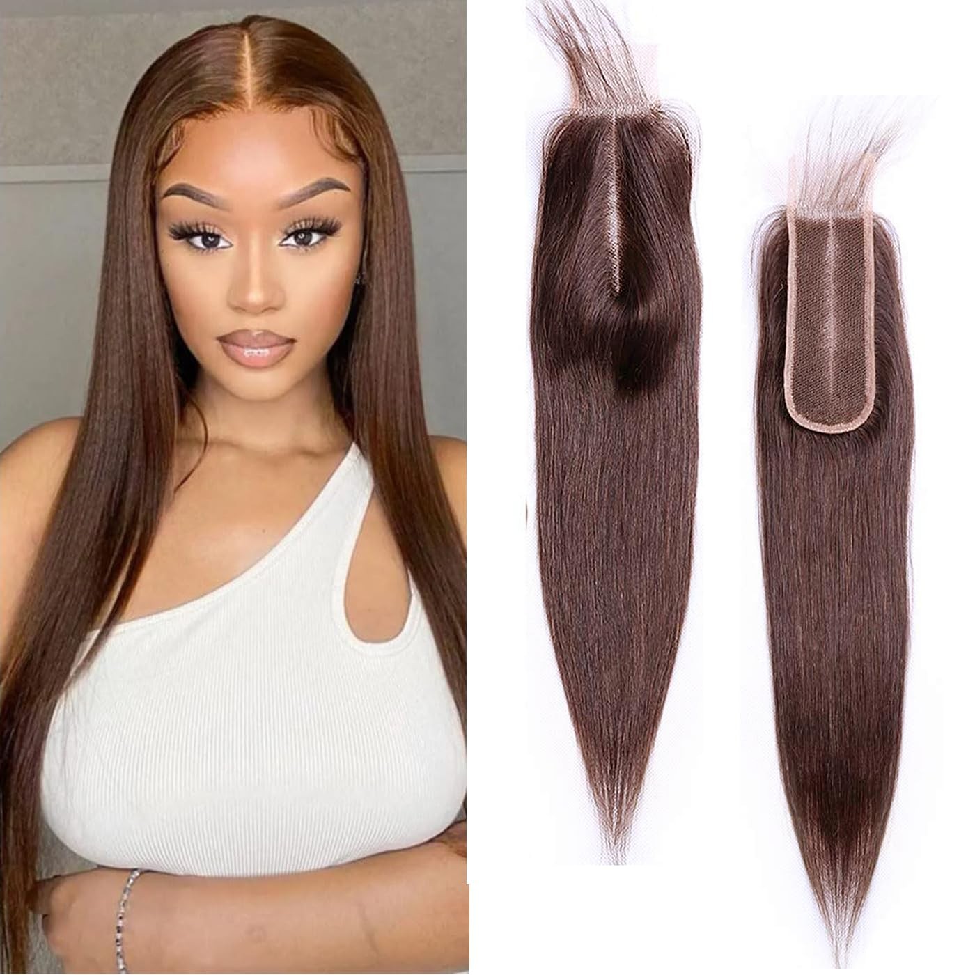 2×6 Lace Closure Human Hair 4# Chocolate Brown Color Straight Transparent Lace C