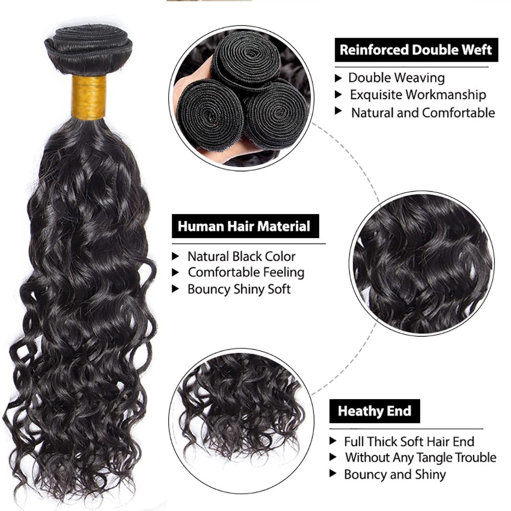 Meaqiiey 1B Water Wave Bundles Human Hair 30 Inch Natural Black Water Wave