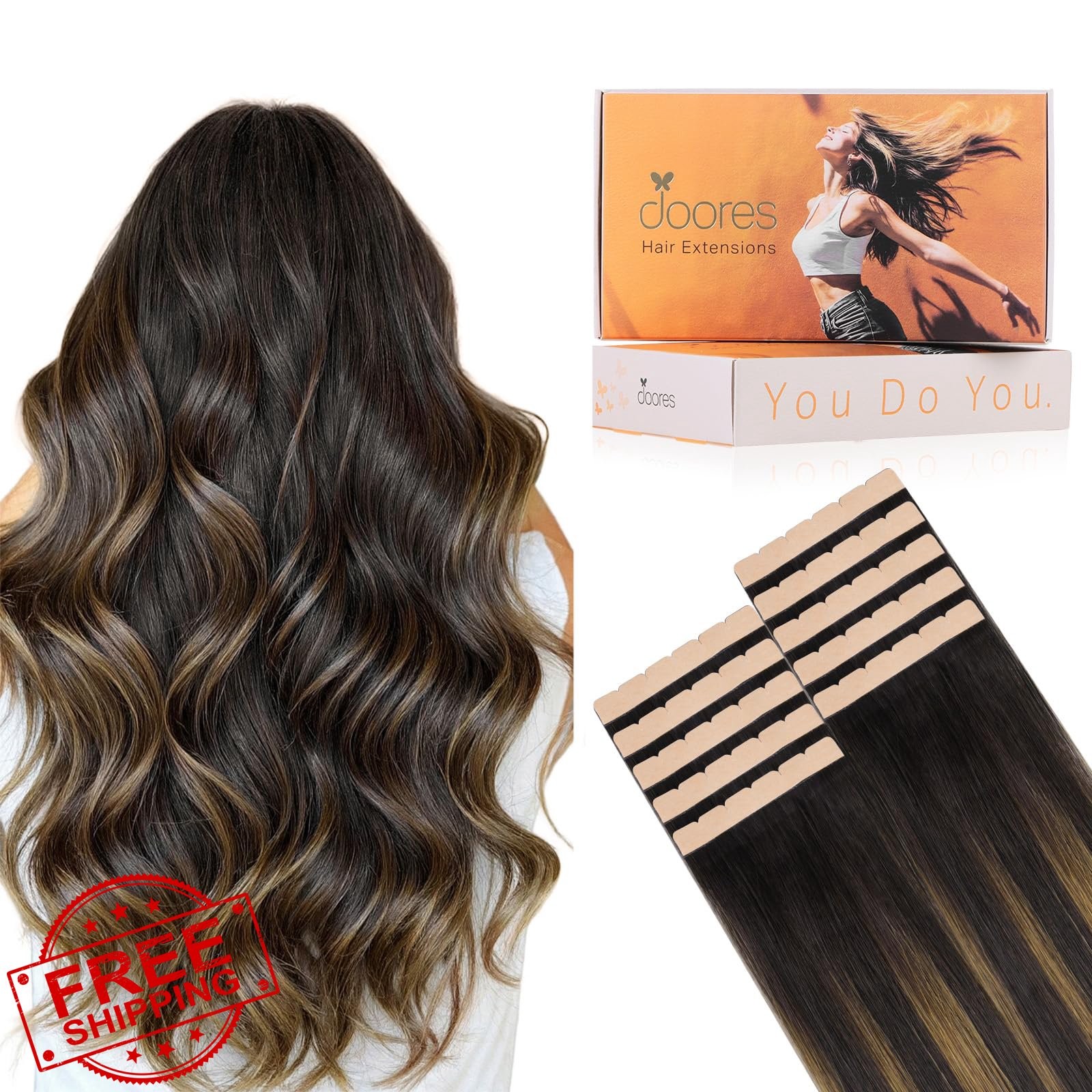 DOORES 16″ Balayage Brown Tape in Extensions 35g Remy Human Hair