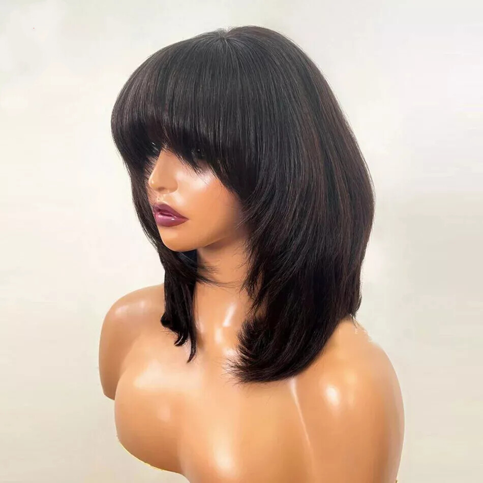 200 Density Short Full Wigs Black Brazilian Remy Layered Bob Human Hair Glueless