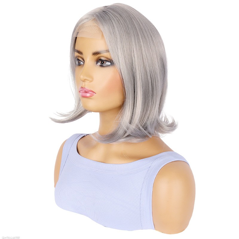 Women’s Wig Short Straight Hair Wigs Ladies Black Grey Full Wig+Wig Cap