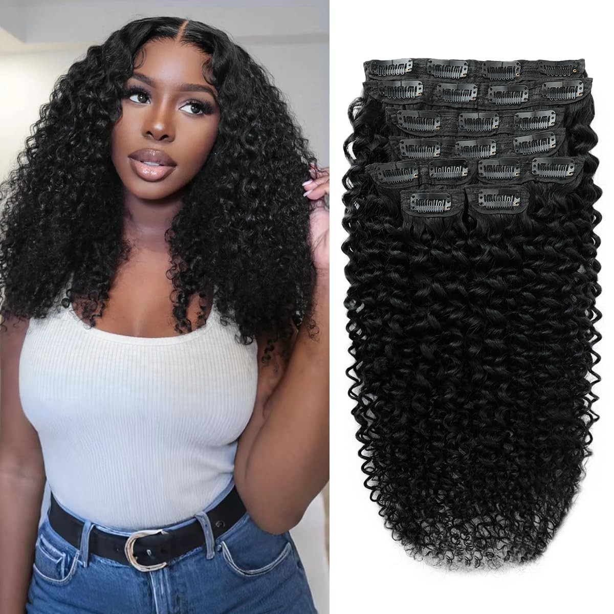 Calneshia 3C 4A Curly Clip In Hair Extensions Real Human Hair 24 Inch 110G 8Pcs