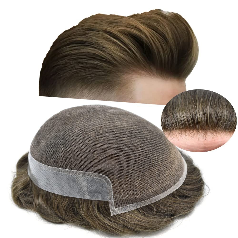 French Lace Front Mens Toupee Poly Skin Hairpieces Human Hair Replacement System