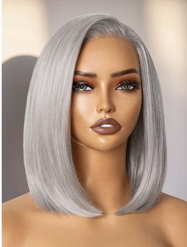 Silver Bob Wig Grey Highlights Glueless Straight Synthetic Lace.12”, .MSRP $57