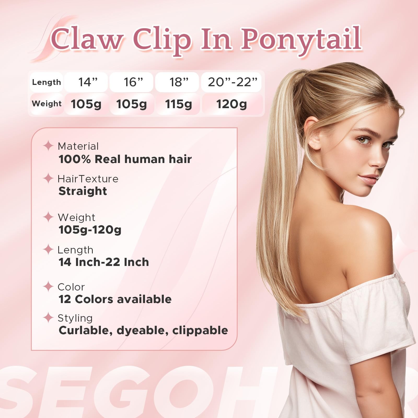 Segohair Human Hair Claw Clip Ponytail Extension 100 Real Human Hair Clip-In