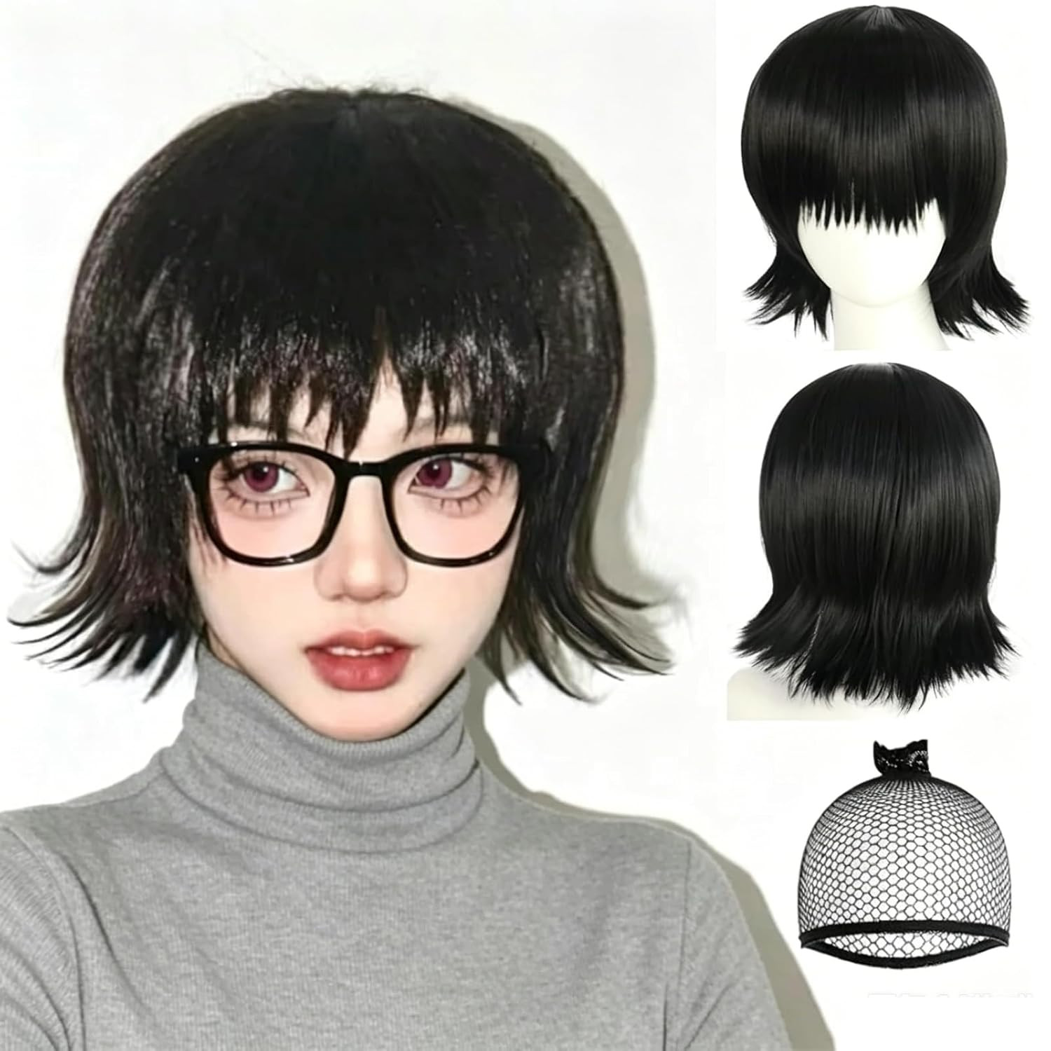 Short Black Cosplay Wig with Bangs Short Black Wavy Wigs for Women Adult Funny W