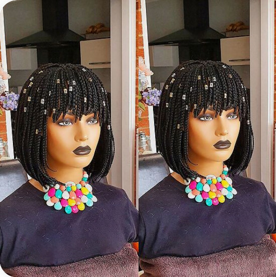 ATOZWIG Short Synthetic Bob Black Braided Wigs with Bangs Micro Box Braids Wigs