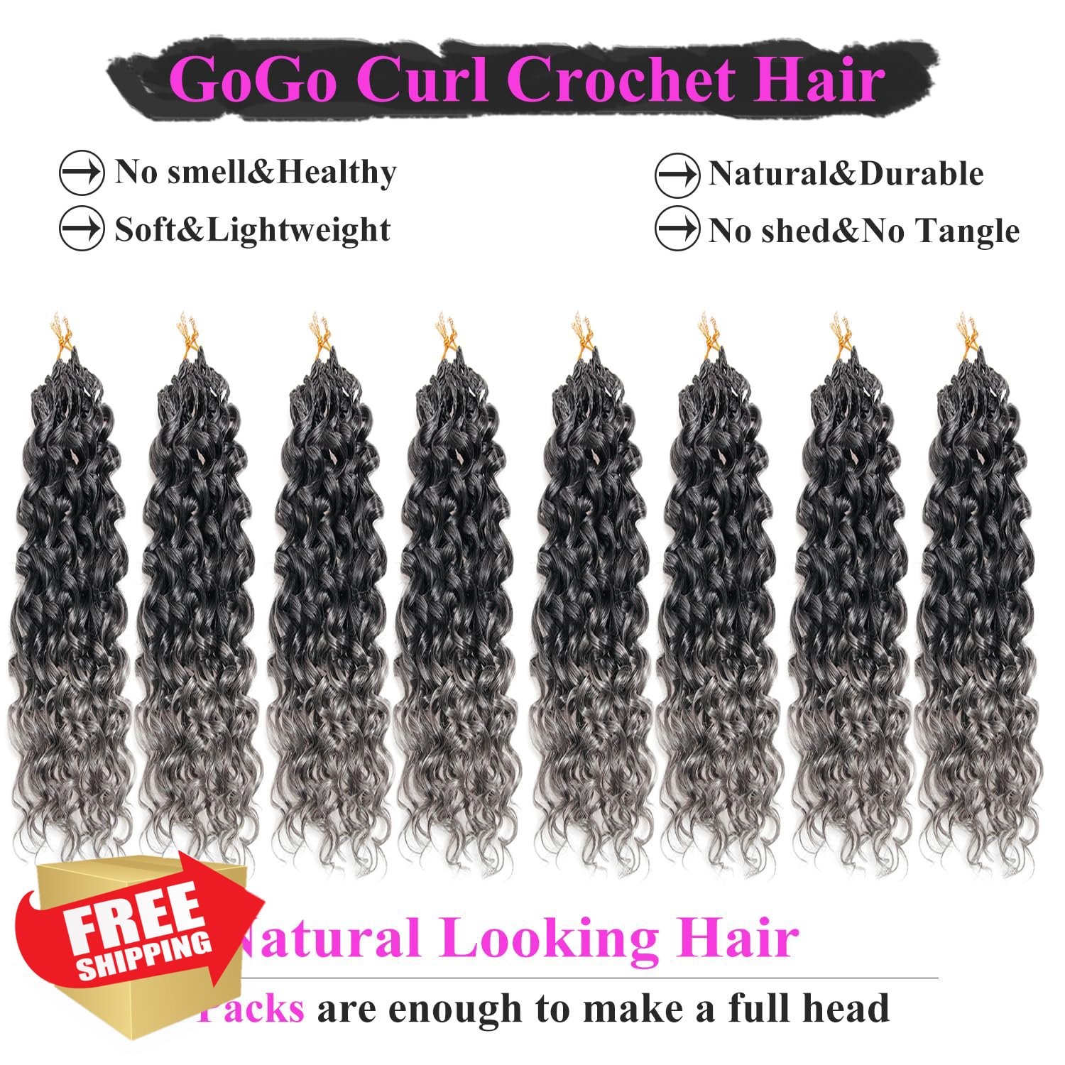 XSASLYET 10″ Pre Looped Crochet Hair 1B/Grey Gogo Curl Black Women 8 Packs