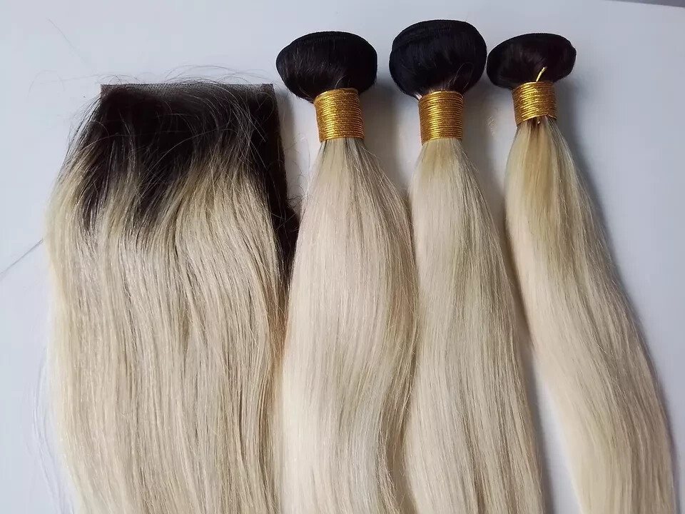 12A BRAZILIAN HUMAN HAIR 1B/613# ROOT OMBRE 12+14+16&12INCH 4X4 CLOSURE STRAIGHT