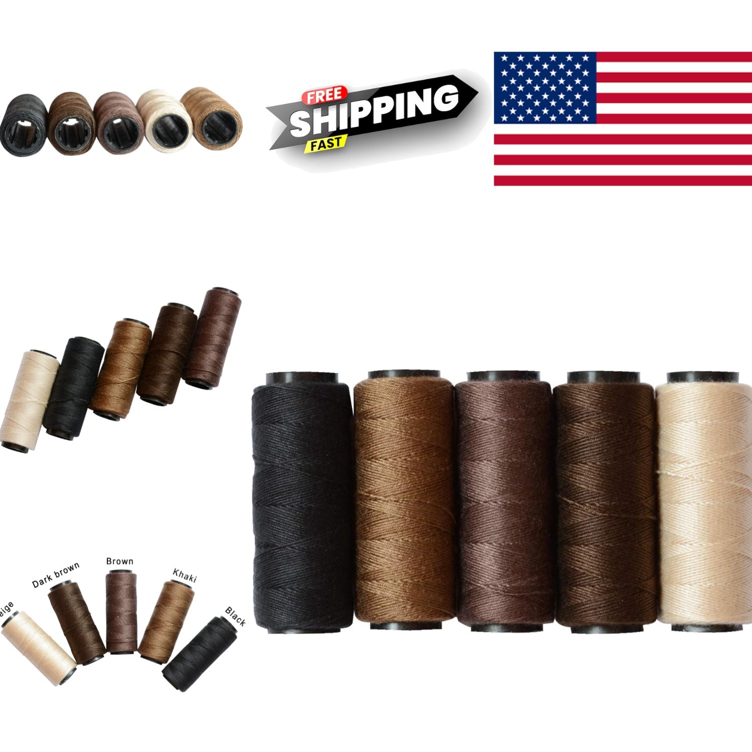 Sewing Threads Set 5 Rolls in Black Brown Dark Brown Beige Khaki for Wig Making