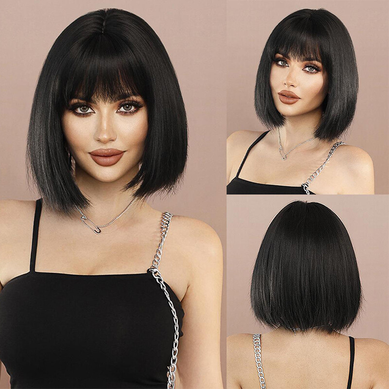 12″+ Women Short Bob Synthetic Lace Front Wig Baby Hair Silky Straight Black US