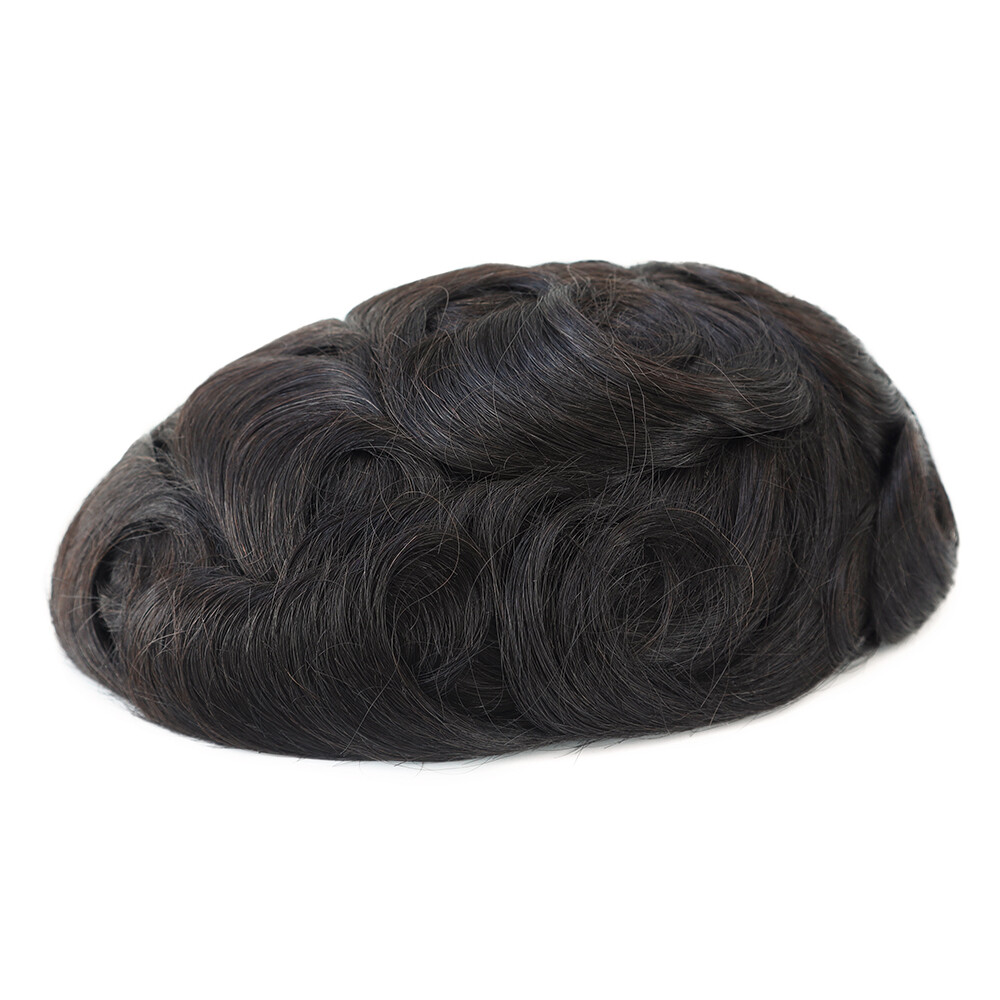 Mens Toupee Human Hair Systems Fine Mono Poly Coating Hairpieces #1B US Seller