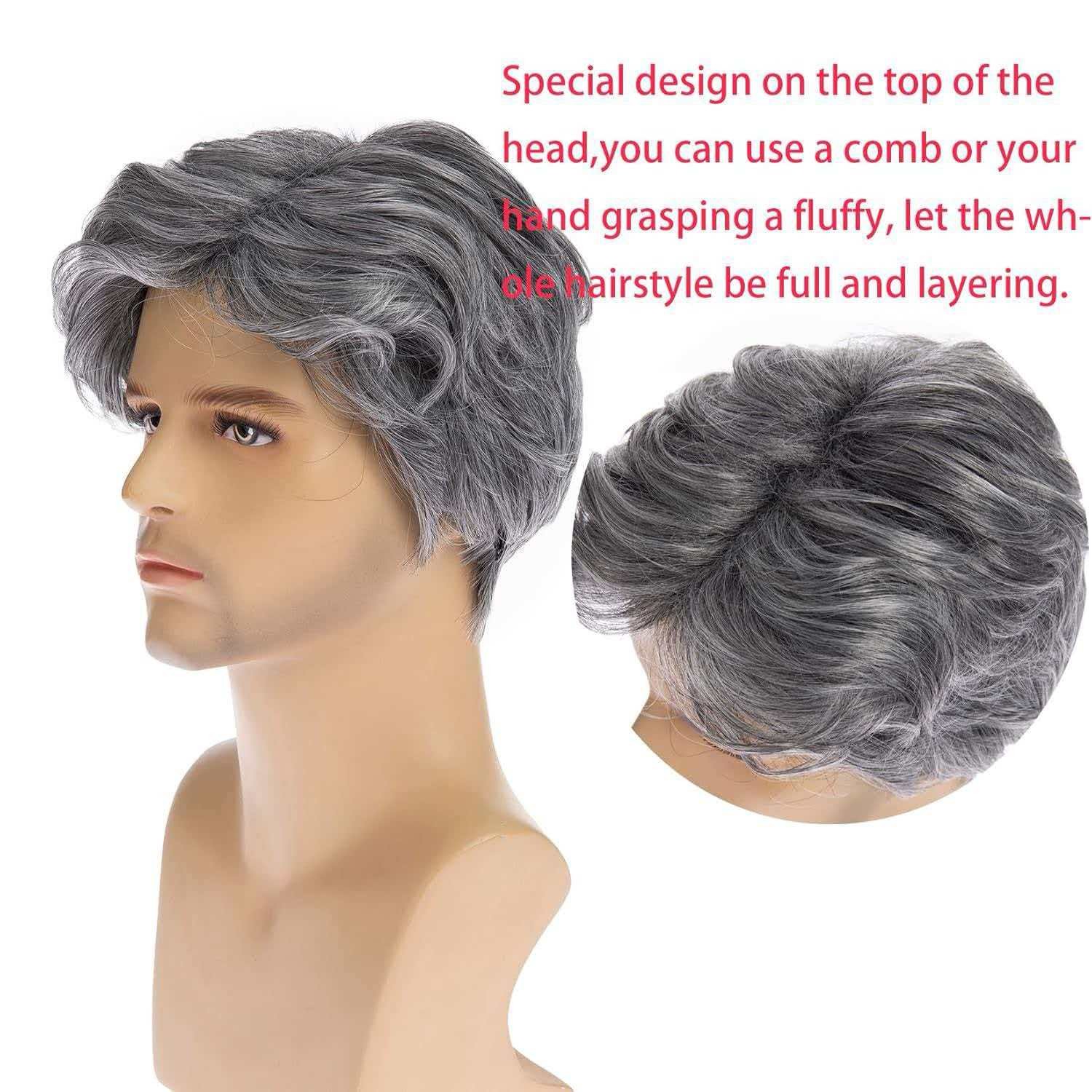 Men’s 6in Short Silver Gray Wavy Wig Full Heat Resistant Synthetic Cosplay