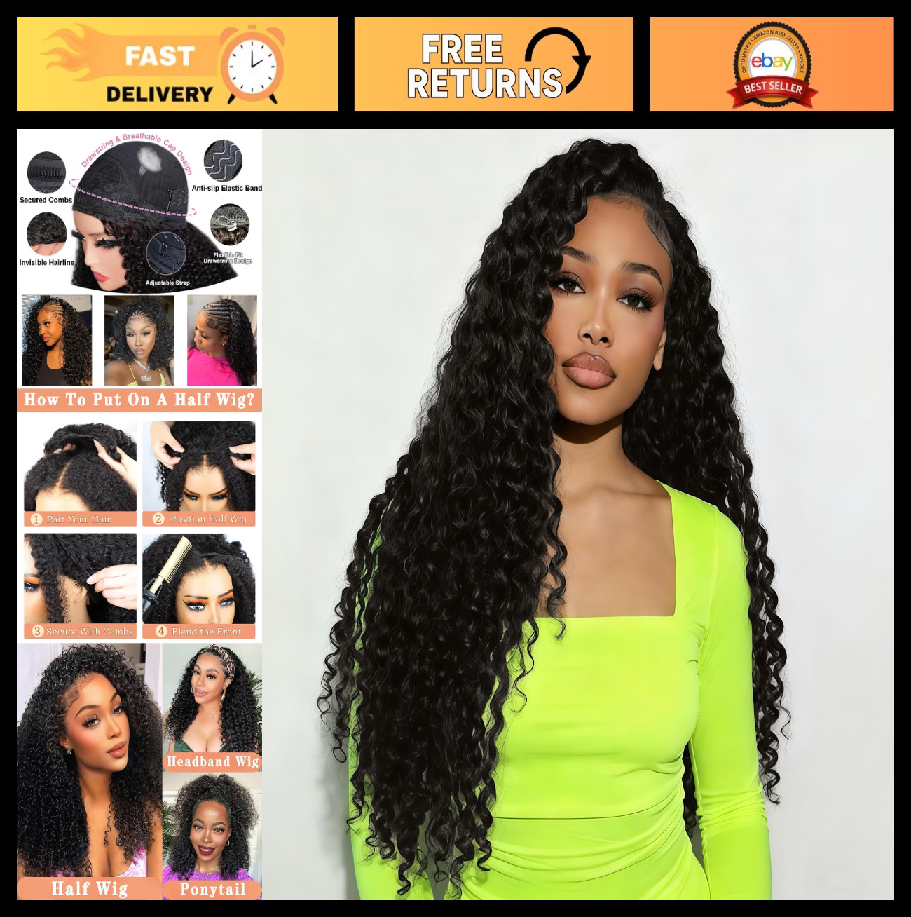 24″ Deep Wave Half Wig – 200% Density Curly Drawstring Headband for Black Women