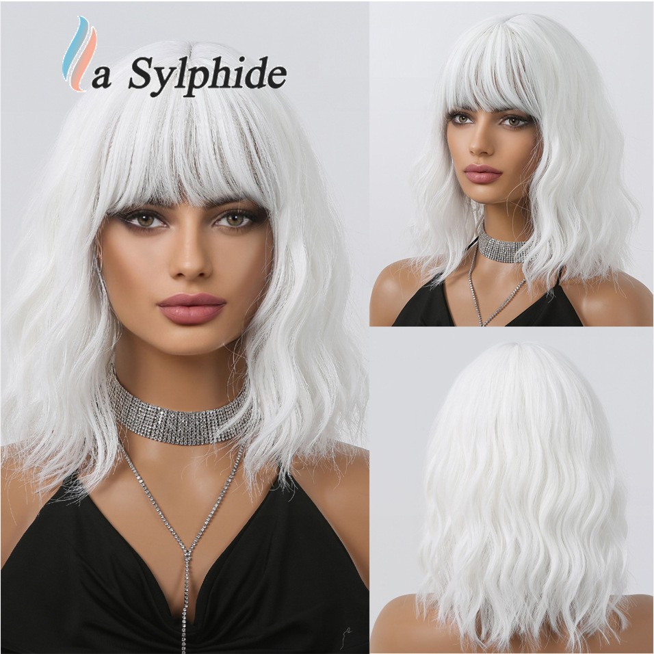 High Crown Brown Short Water Wave Wig with Bangs for Women Multicolor Synthetic