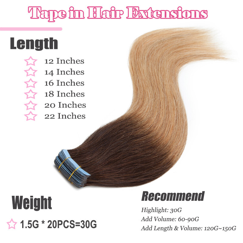 20PCS Brown Tape In 100% Real Human Hair Extensions Long Hair Mix Color 1.5g