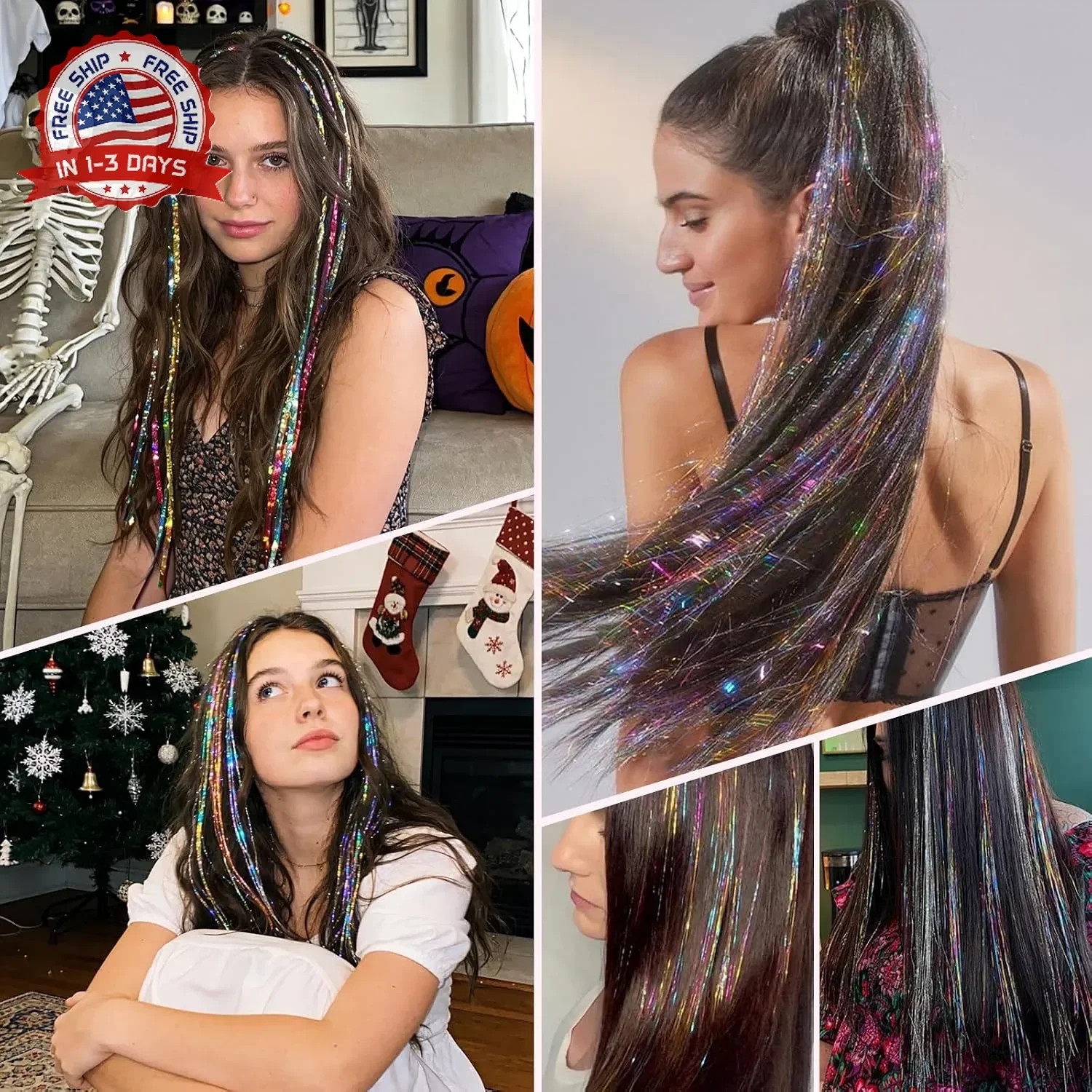 Leuceiy 12 Colors Hair Tinsel Kit, 48 Inch Hair Extensions With Tool, 3600 Stran