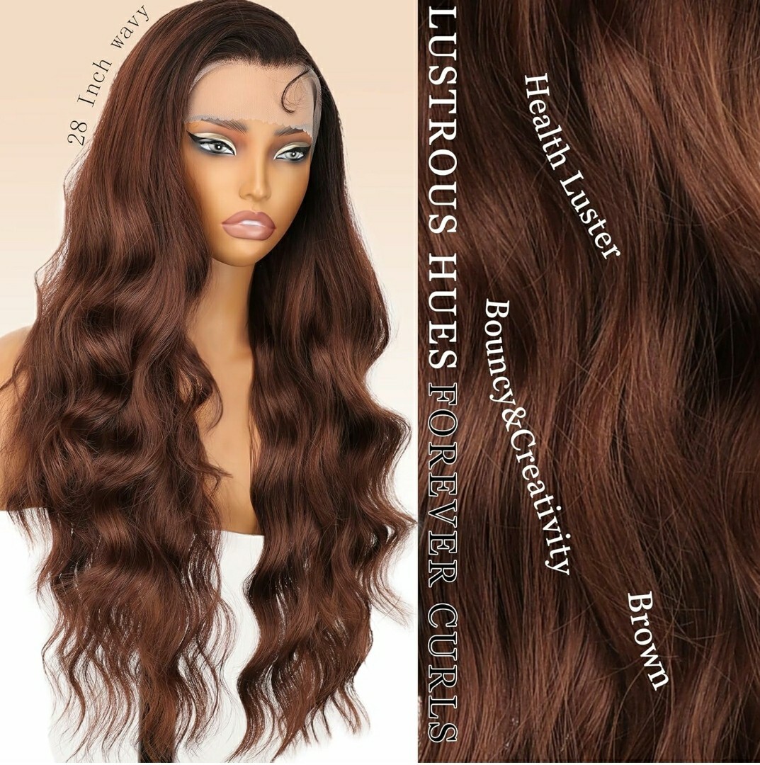 HD Lace Front Wig Human Hair Blend Highlights Curly Natural Medium BROWN