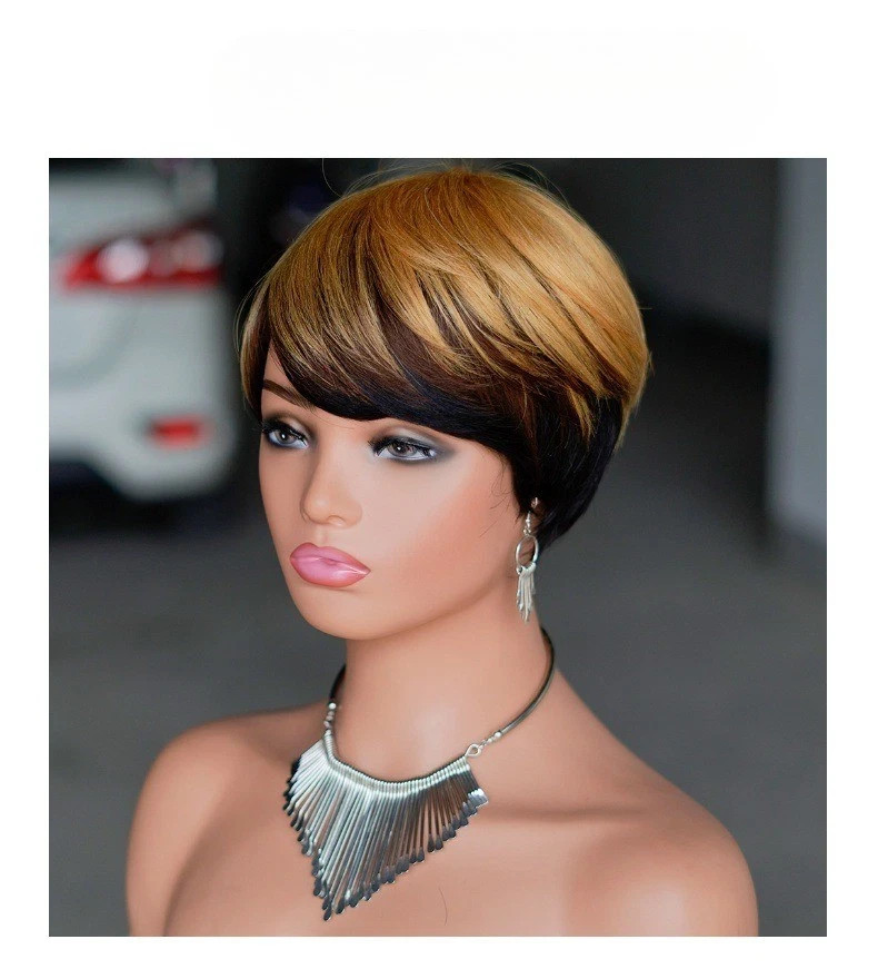 6″ Short Straight Layered Ombre Blonde Pixie Cut Wig Human Hair Wig for Black
