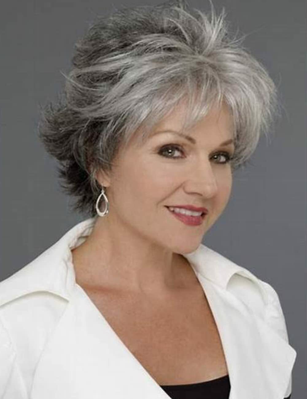 Women Short Gray White Hair With Black Mixed Wig with Bangs MoM Wig Synthetic US