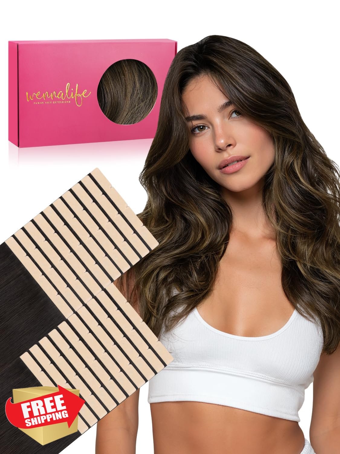 Wennalife 8cm Tape Hair Extensions 24 inch 100g 20pcs Balayage Dark Brown Che…