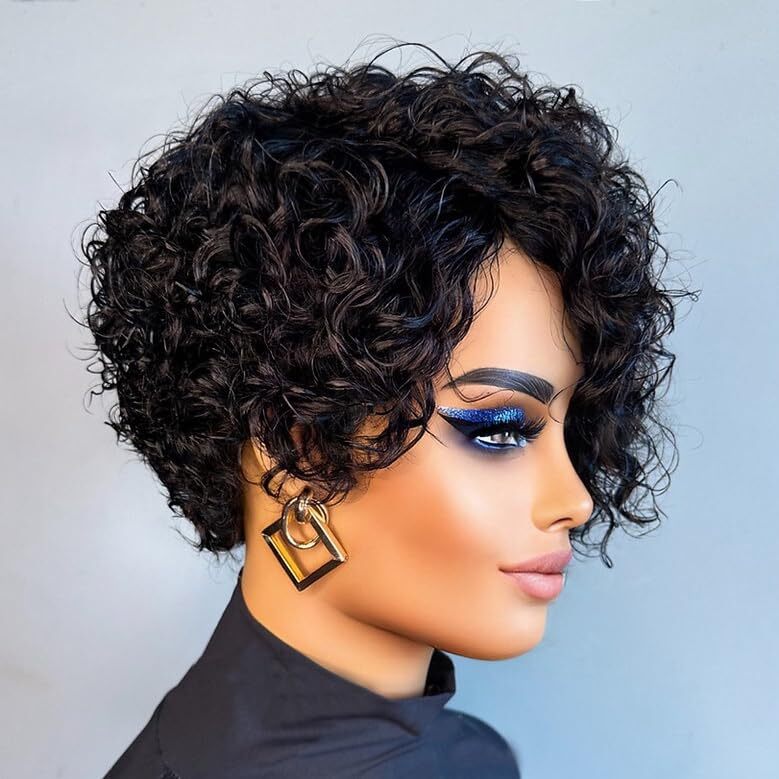 Kinky Curly Real Human Hair Wigs for Women Pixie Cut Wigs for Black Women 6inch