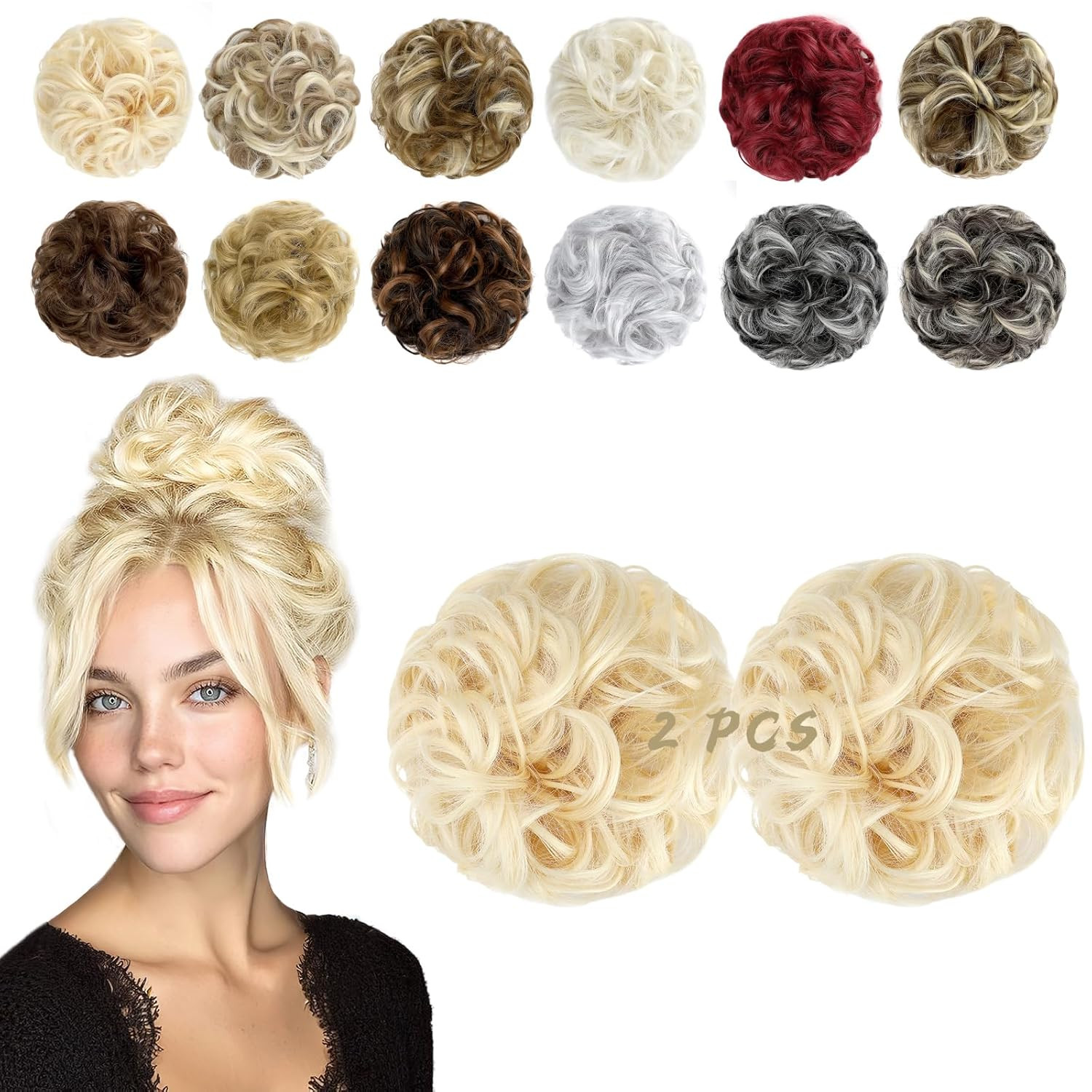 2 PCS Messy Bun Hair Piece Wavy Curly Scrunchies Synthetic Chignon Ponytail Hair