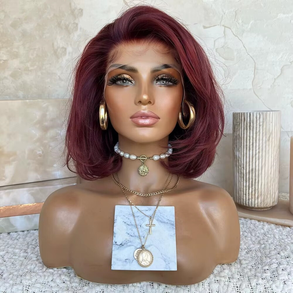 Burgundy Red Color Short Bob Lace Front Natural Wave Human Hair Wigs 200% Full