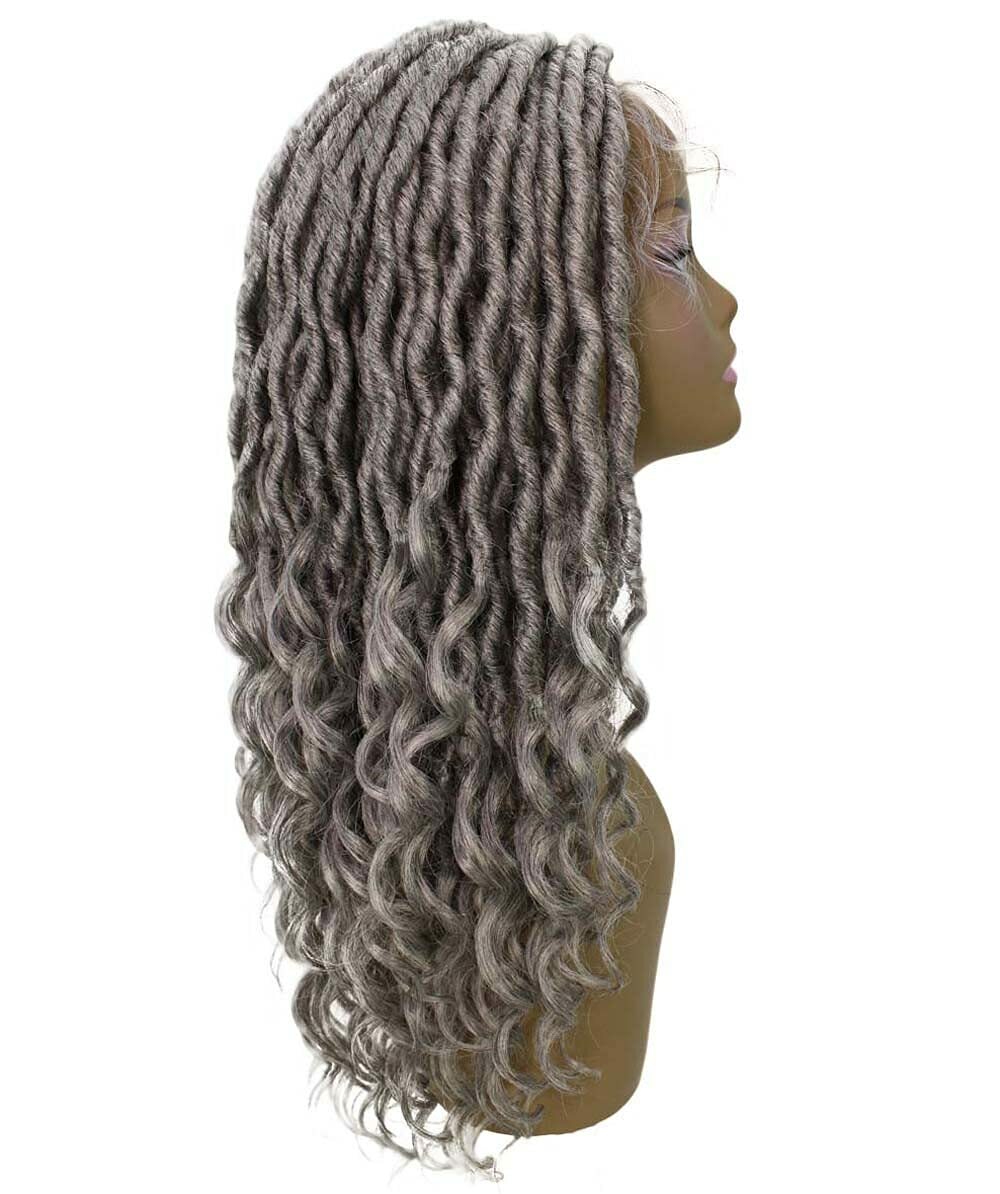 LUXLUXE Andrea 4×4 Curly Long 4X4 Hand Tied Lace Braid Grey Wig