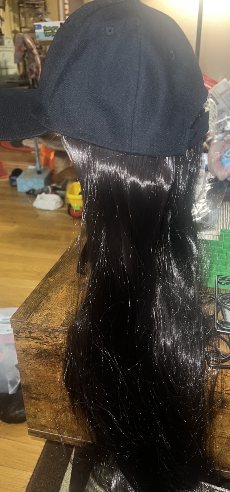 24” Long Straight Dark Brown Wig w/Baseball Hat