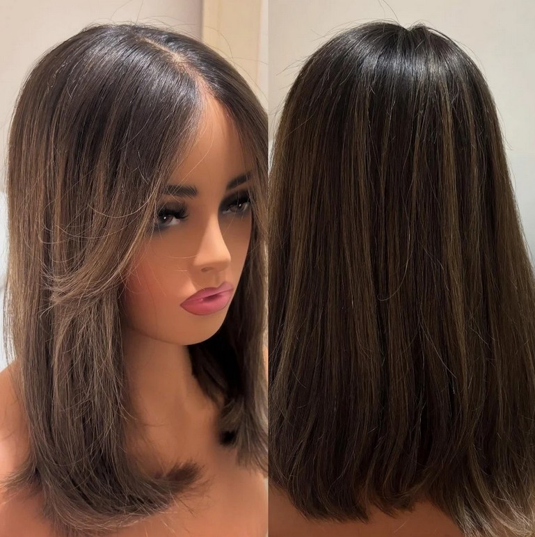 16 Inches Dark Brown with Highlights 13×4 Lace Front Wig 100% Human Hair Wig