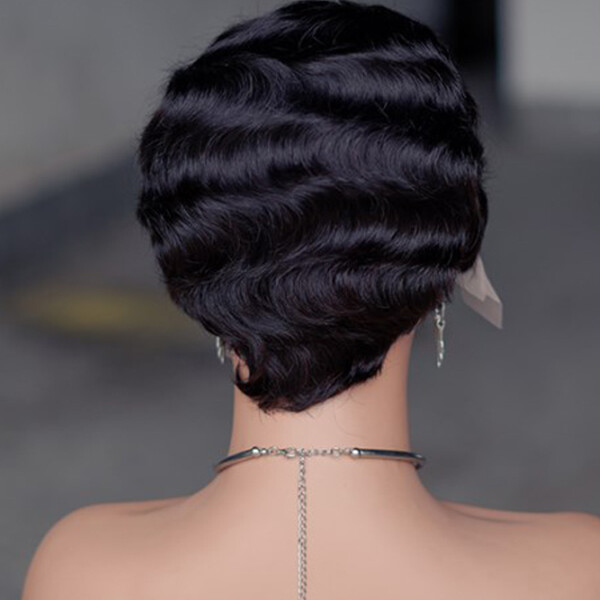 Black Short Finger Wave Wig 100% Human Hair Wig Lace Front Remy Glueless Natural
