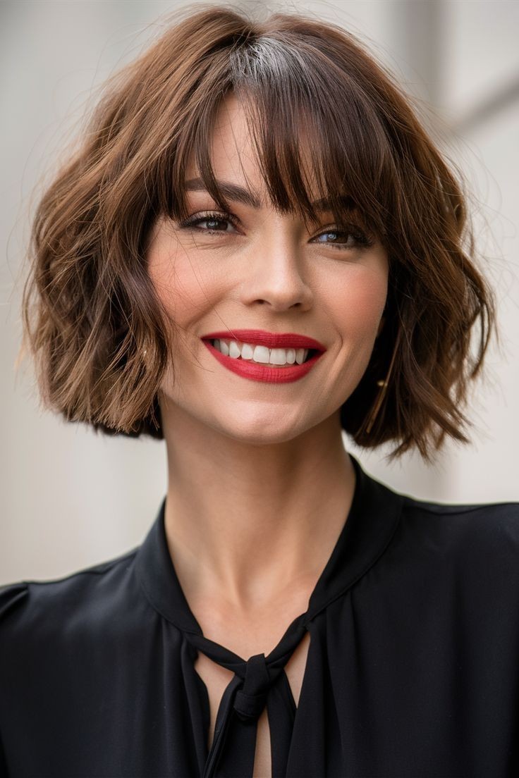 Short Bob Wavy Brown Wigs with Bangs 100% Human Hair Lace Front Wigs 8inch