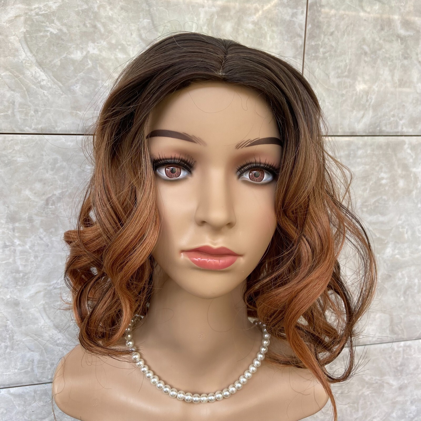Medium Curly Wavy 100% Human Hair Blend Heat Ok Wigs Brown Mix Blonde Women Soft