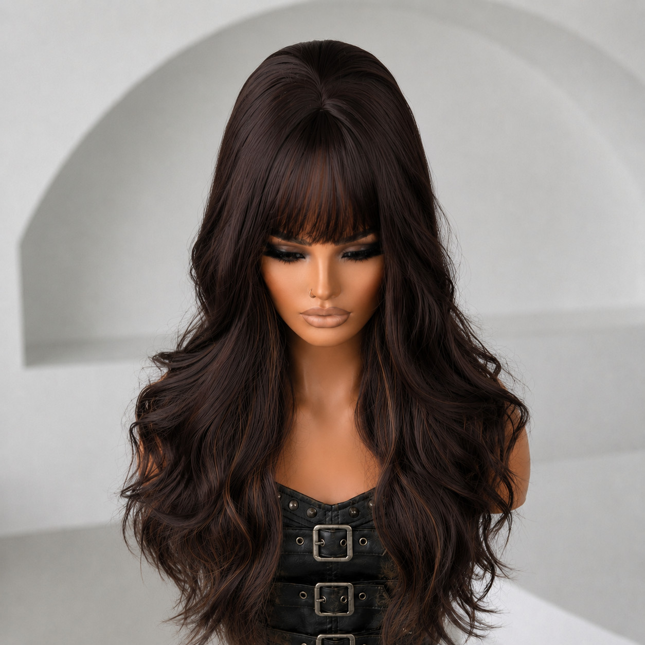 Mixed Brown Long Wavy Dress Up Wigs With Bangs Soft Synthetic Hair Layered