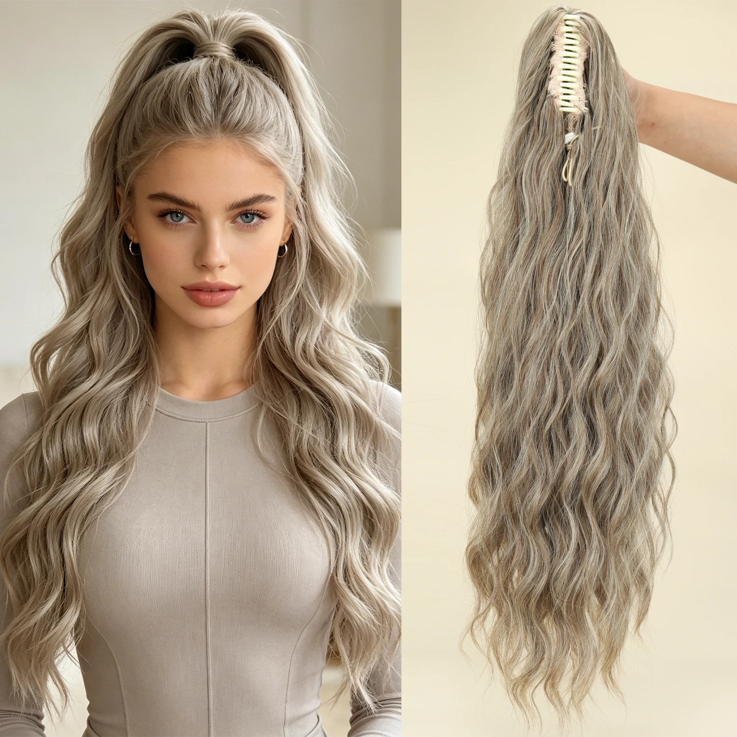Fluffy Black Brown Water Wave Ponytail Extensions Synthetic Claw Clip for Women
