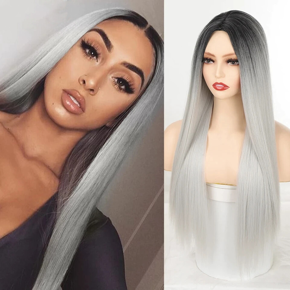 Long Straight Middle Part Wig Black Grey Blue Heat Resistant Synthetic Hair USA