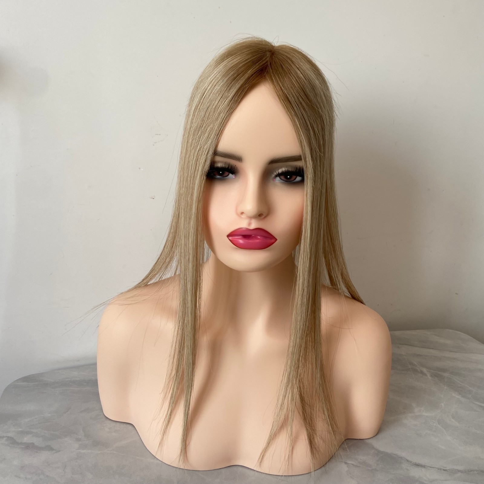 HIGH END 100% HUMAN HAIR 3X5 MONO TOPPER LT BROWN ROOTED HAIRPIECE HIGHLIGHTS