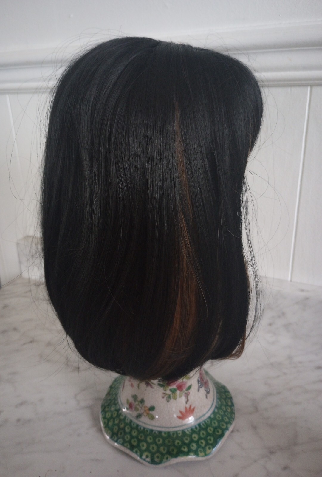 Short 10″-12″ Black Wig Topper With Bangs Synthetic – Brown Highlights