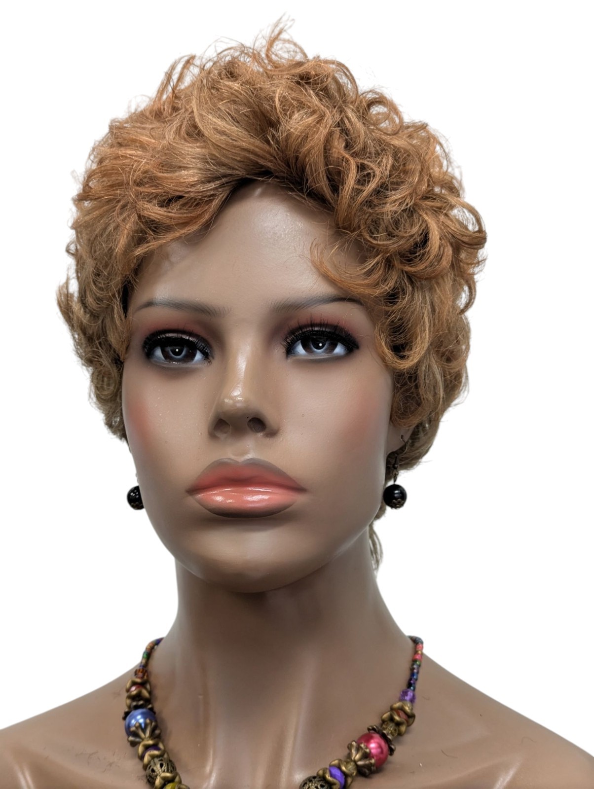 Human Hair Short Pixie Cut With Bangs Light Aurburn Mixed Blonde Wig