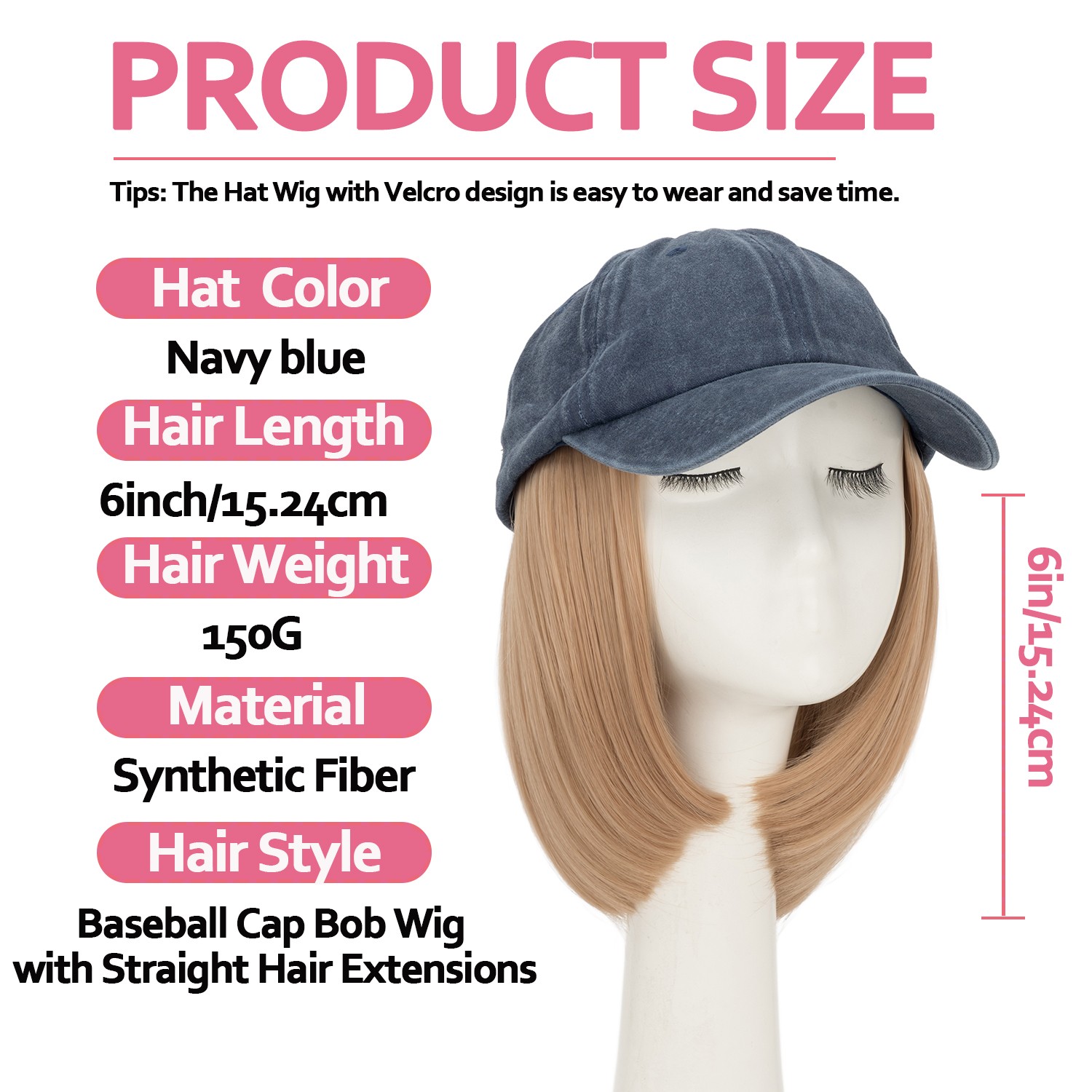 Baseball Cap Hat with Short Synthetic Hair,Baseball Hat Cap with Straight Hair M