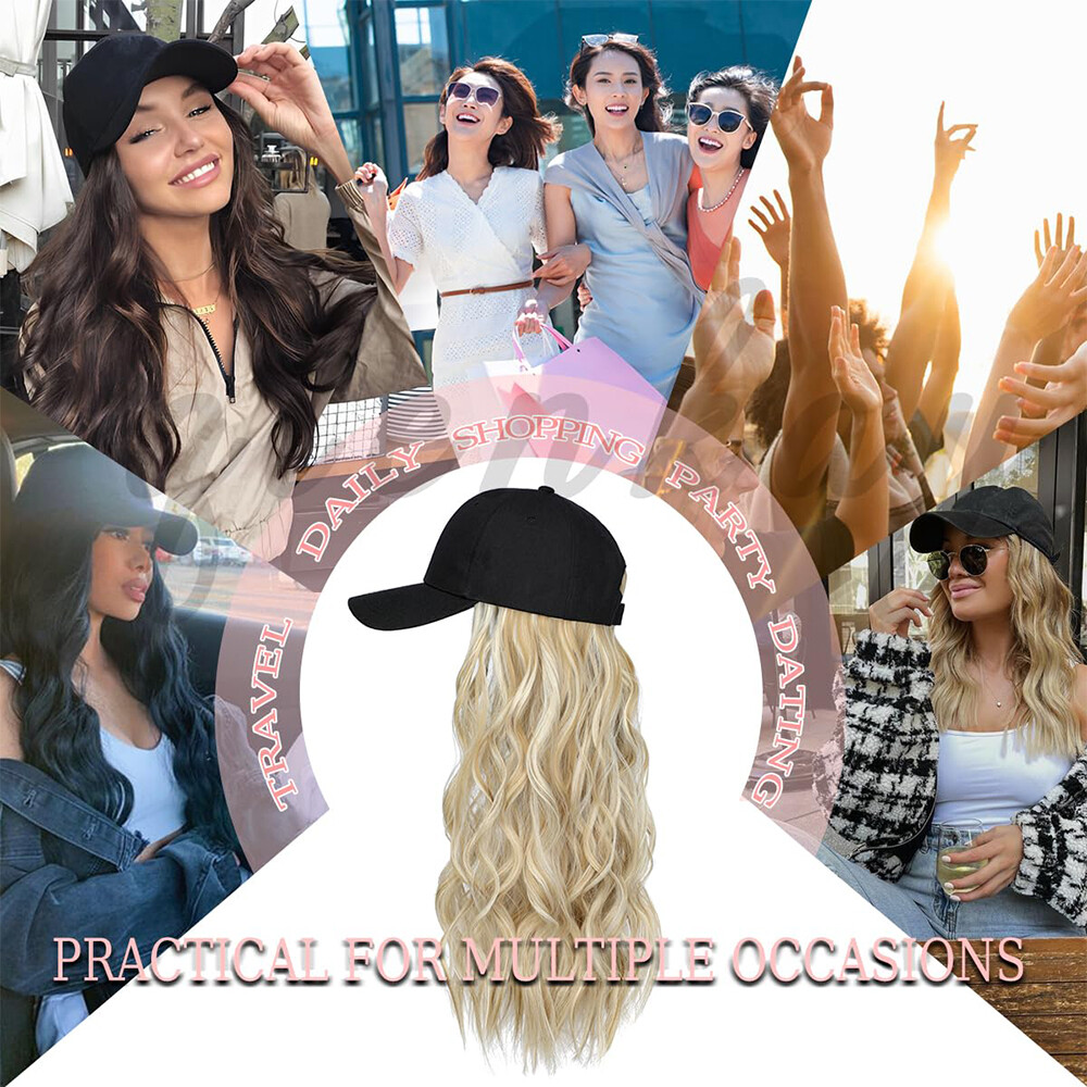Baseball Hat Cap with Fake Hair Soft Long Wavy Hair Wigs Caps for Women 6″-18″