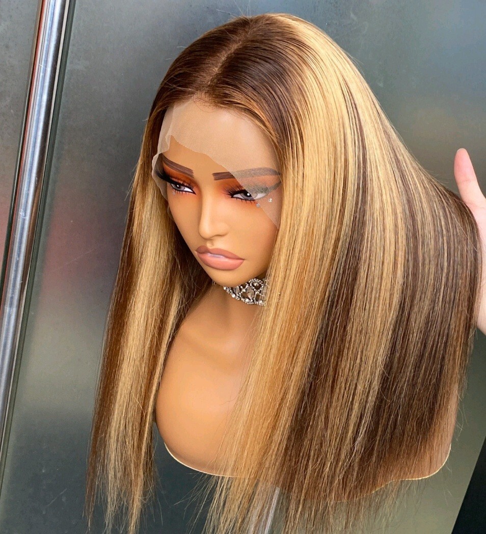 12A 14INCH PERUVIAN RAW VIRGIN HUMAN HAIR P4/27# STRAIGHT LACE FRONTAL WIG 180%