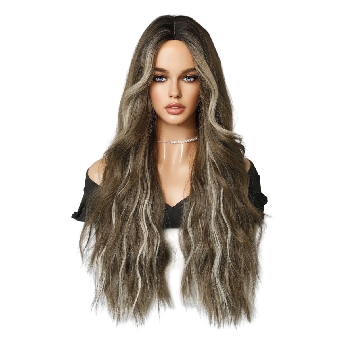 Middle Part Long Wavy Wig with Brown Highlights High Temperature Fiber