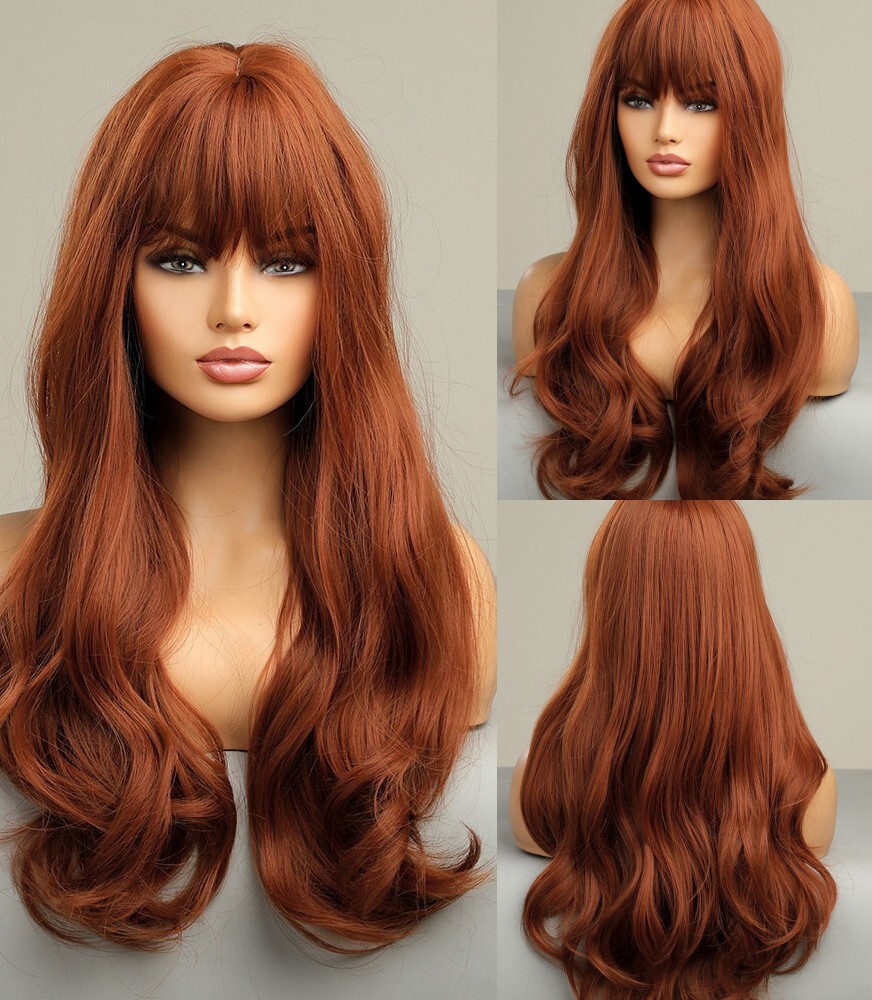 Synthetic Hair Heat Resistant Dress Up Wig With Bangs Copper Red Long Wavy