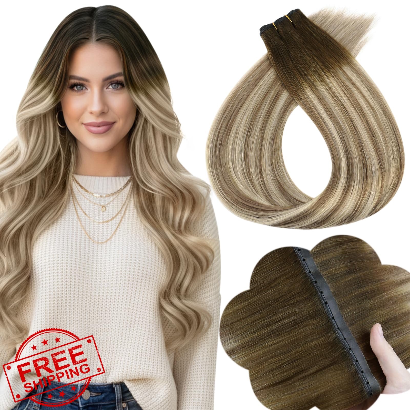 Full Shine Butterfly Weft Hair Extensions 22″ 50g Balayage Brown Blonde