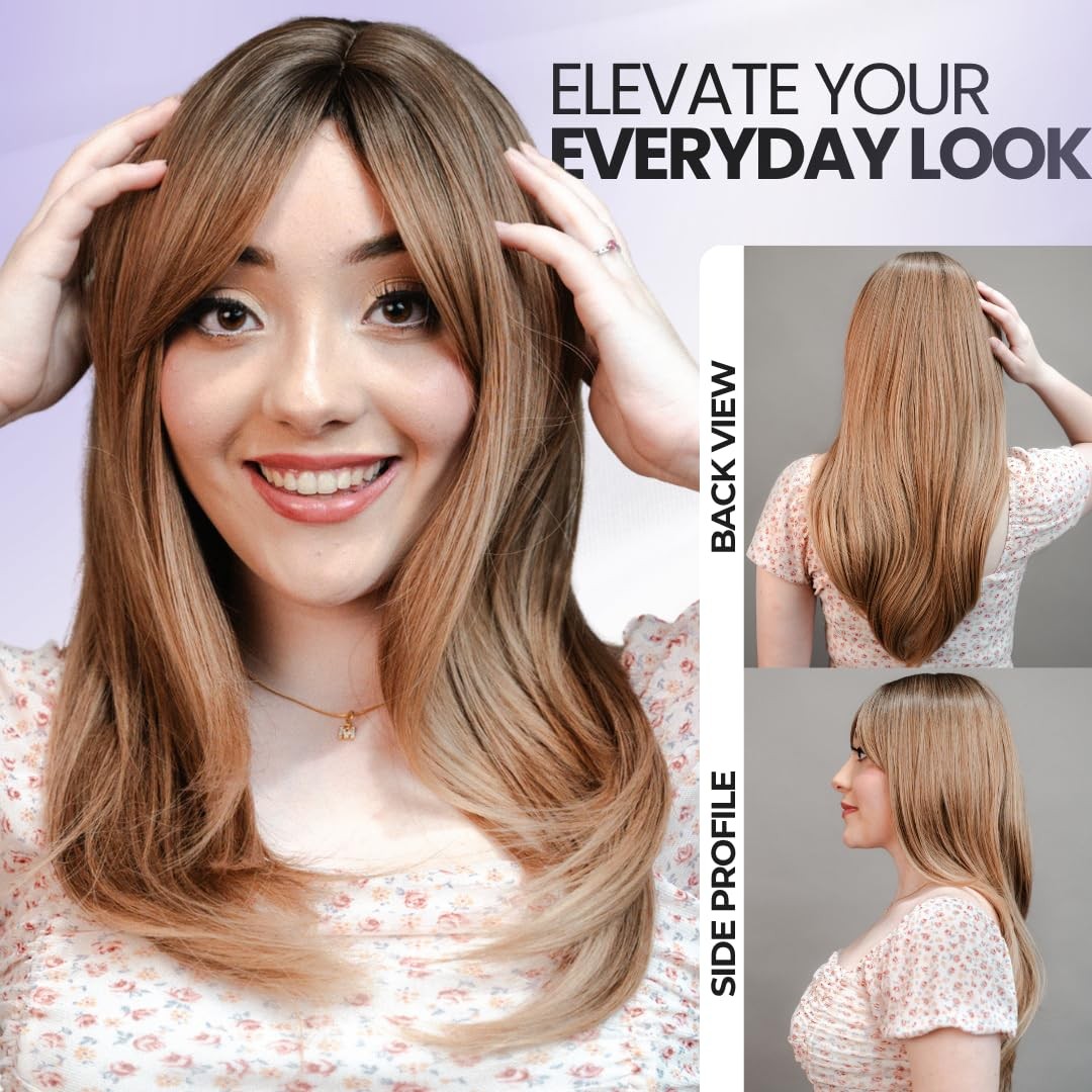 26 Inch Long Straight Wig with Bangs for Women – Natural Looking Ash Blonde S…