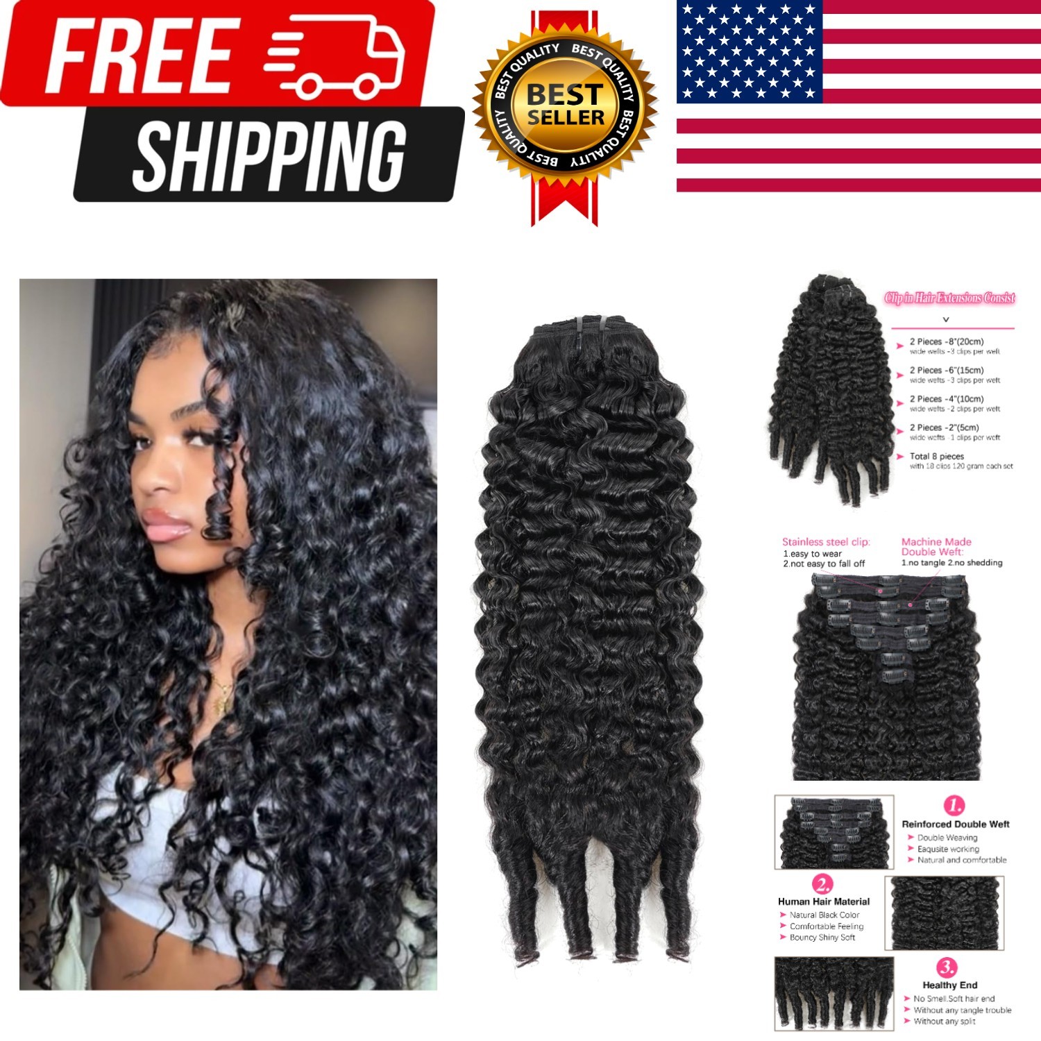 Burmese Curly Clip in Hair Extensions Natural Black Color 20 Inch Brazilian V…