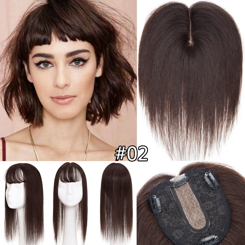 130% Clip in Human Hair Topper Hairpiece Toupee Wigs with Bangs For Loss Hair US