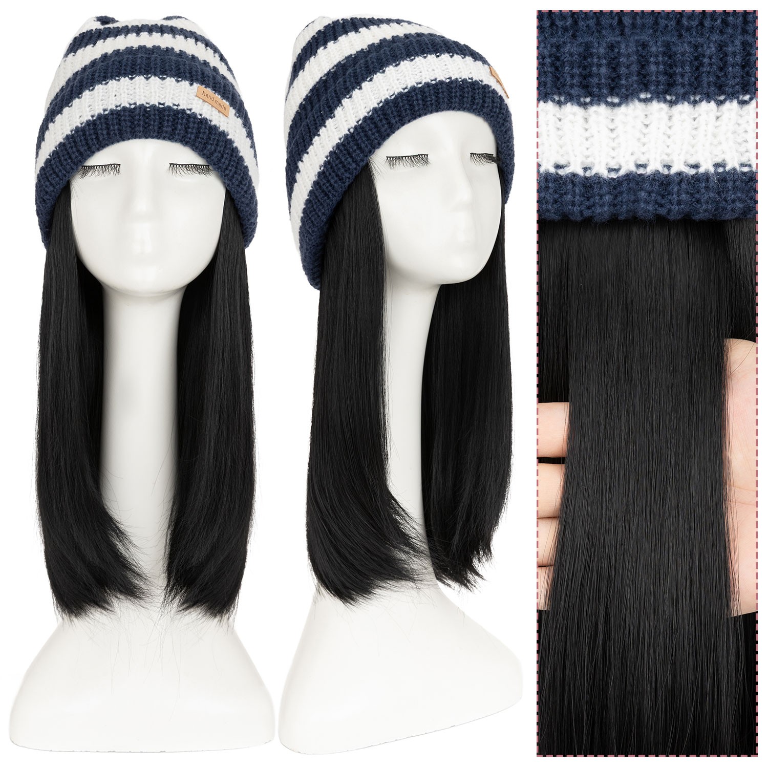 12in-18in Wig with Hair Attached Straight Blue Black White Strip Knit Beanie Hat